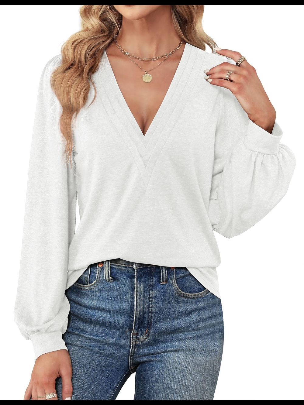 Women’s White V-Neck Wrap-Style Blouse with Balloon Sleeves